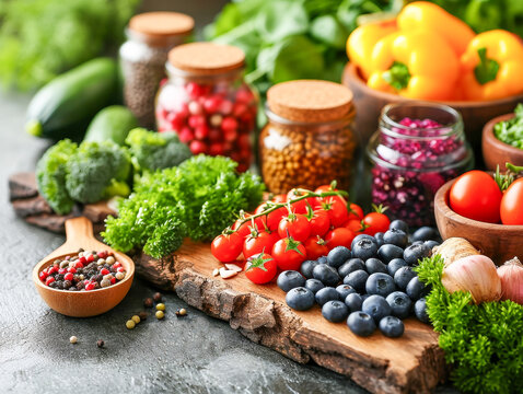 A rich assortment of fresh vegetables, ripe berries, and dried legumes artistically arranged on a rustic wooden board.
