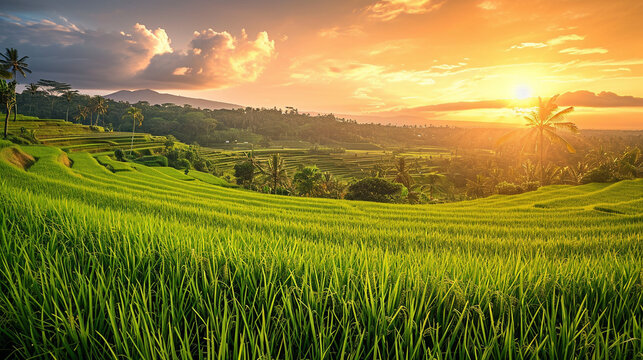 A picturesque panorama of lush rice paddies stretching to the horizon, bathed in golden sunlight, showcasing the beauty and tranquility of traditional rice cultivation.