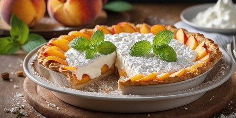 Delicious peach tart with whipped cream on wooden table, closeup - obrazy, fototapety, plakaty
