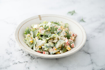 Traditional homemade crab salad with corn