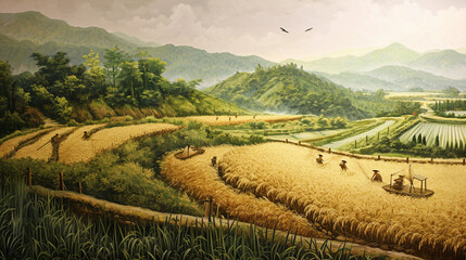 An artistic representation of the different stages of rice cultivation, from planting to harvesting, showcasing the dynamic and labor-intensive processes involved in bringing rice