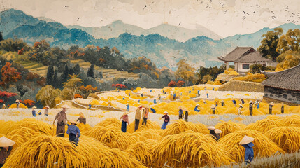 A visually elaborate composition of a rice harvest celebration, with farmers gathered around heaps of freshly harvested rice, conveying the sense of community and accomplishment in - obrazy, fototapety, plakaty