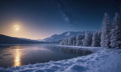 night landscape with lake and mountains in the moonlight. panorama