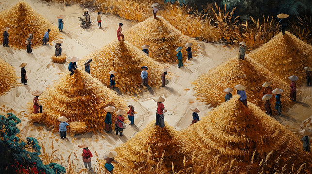 A visually elaborate composition of a rice harvest celebration, with farmers gathered around heaps of freshly harvested rice, conveying the sense of community and accomplishment in
