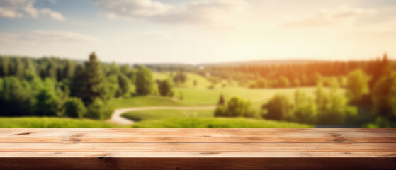 Fototapeta premium Wooden table spring nature bokeh background, empty wood desk product display mockup with green park sunny blurry abstract garden backdrop landscape ads showcase presentation. Mock up, copy space.