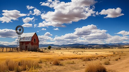 Scenic rural farm landscape with traditional granary in the countryside - obrazy, fototapety, plakaty