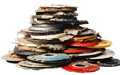 Forgotten Melodies Scratched Surfaces of Discarded CDs on White or PNG Transparent Background.