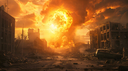 Apocalyptic Explosion in Urban Cityscape with Fiery Skyline