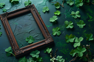AI Generated Image. Empty photo frame surrounded by lucky shamrocks on a dark green table. St. Patrick’s Day concept - 713084638