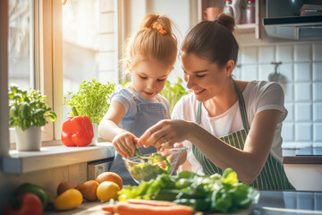 AI Generated Image. Mother and little daughter preparing vegan food at home - 713084651