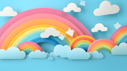 Stylized paper cutout rainbow and clouds background