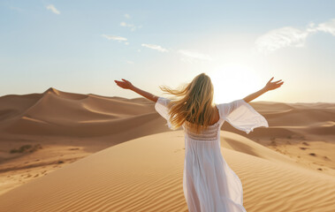 Fototapeta na wymiar AI Generated Image. Back view on the carefree blond woman in a white dress enjoying desert sand dunes