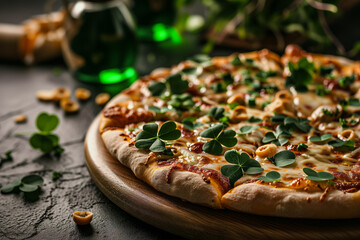 AI Generated Image. Pizza decorated with clovers for St Patrick’s Day celebration - 713084896