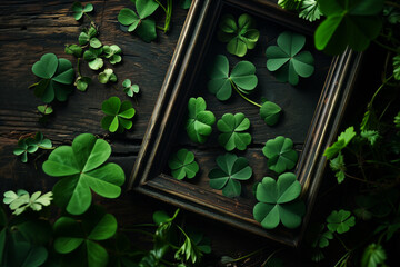 AI Generated Image. Empty photo frame surrounded by lucky shamrocks on a dark green table. St. Patrick’s Day concept - 713085000