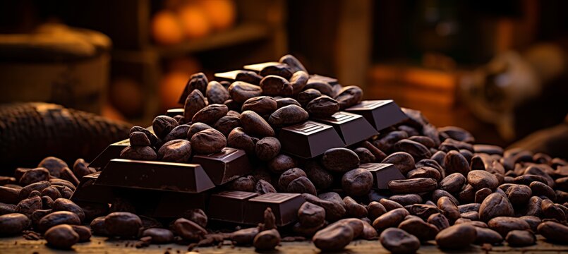 Scattered dark chocolate pieces and cocoa beans on culinary background for food photography