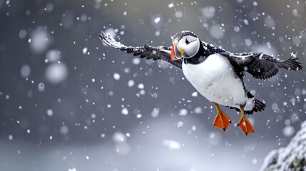 Atlantic Puffin flying during snowfall.