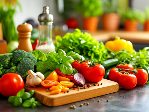Colorful array of fresh vegetables on a cutting board, with tomatoes, broccoli, and herbs, ideal for nutritious meal preparation.