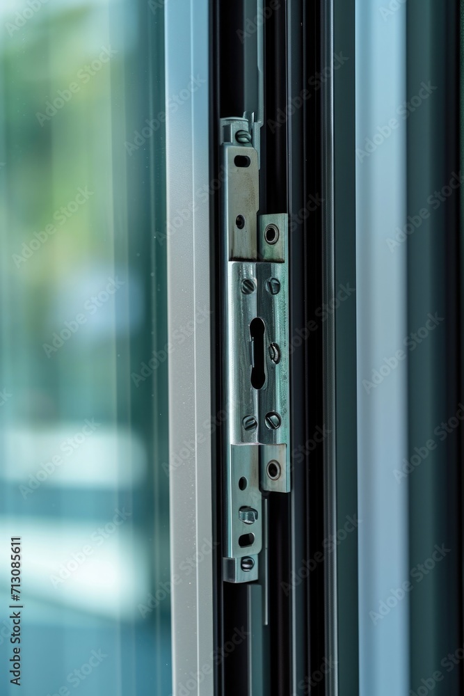 Poster A close-up view of a door handle on a glass door. This image can be used to showcase modern architecture or as a representation of accessibility and entryways.