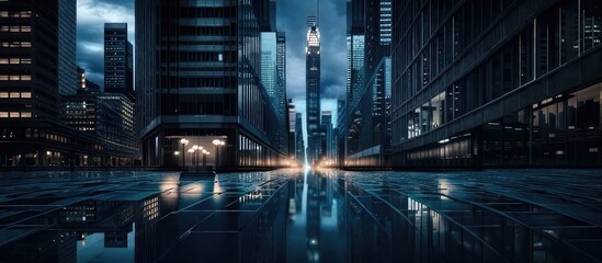 Fototapeta premium Night Scene of Modern City with Skyscrapers and Reflection in Water - Urban Elegance