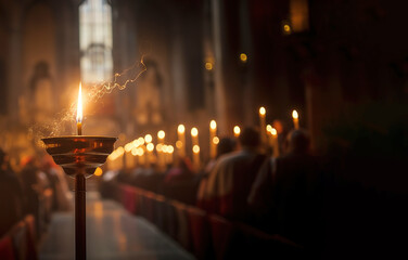 Burning candle on church Easter service - obrazy, fototapety, plakaty