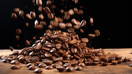 Super slow motion of falling coffee beans on wooden - obrazy, fototapety, plakaty