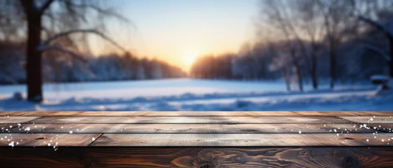 Foto op Aluminium Wooden table snowy trees winter nature bokeh background, empty wood desk product display mockup snow landscape blurry abstract backdrop ads showcase Christmas time presentation. Mock up, copy space. © Synthetica