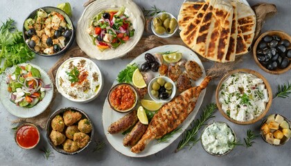 Fototapeta na wymiar Traditional and different Greek dishes 