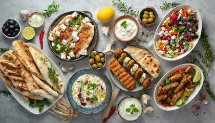 Traditional and different Greek dishes - obrazy, fototapety, plakaty