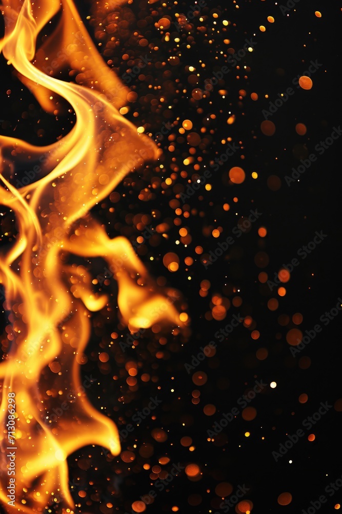 Poster A close-up view of a fire on a black background. This image can be used to create a dramatic and intense atmosphere