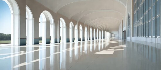 Empty Hall with Arches and a Large Window - Architectural Elegance