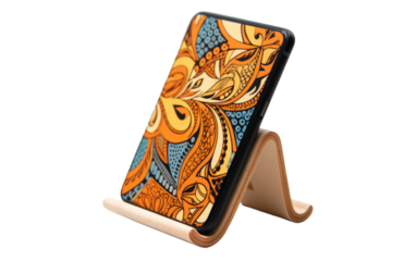 Batik-Inspired Phone Stand Displayed on White on White or PNG Transparent Background.