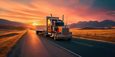 Obraz na płótnie Canvas Truck in motion on highway for transportation of cargo freight vehicle shipping trailer delivering goods at speed logistic traffic moving under sky fast and heavy driving business at sunset
