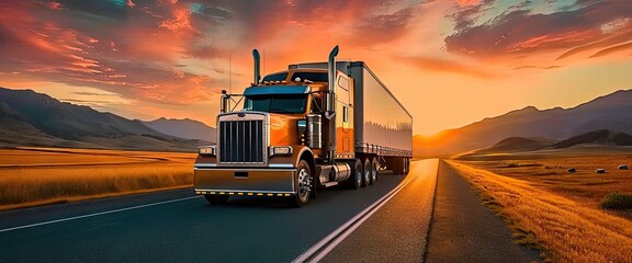 Truck in motion on highway for transportation of cargo freight vehicle shipping trailer delivering goods at speed logistic traffic moving under sky fast and heavy driving business at sunset - obrazy, fototapety, plakaty