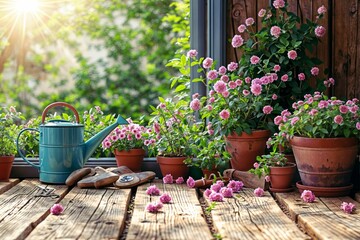 A charming setup of flower pots with a variety of plants, accompanied by a watering can, all arranged on a wooden table in a sunny garden, inviting and serene, bright and natural colors - Powered by Adobe