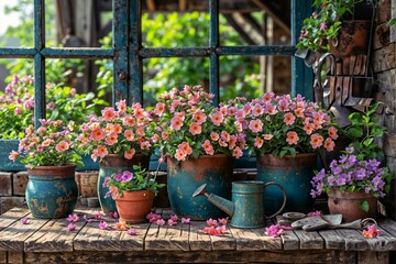 Fototapeta na wymiar A charming setup of flower pots with a variety of plants, accompanied by a watering can, all arranged on a wooden table in a sunny garden, inviting and serene, bright and natural colors