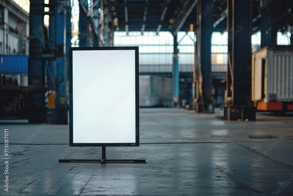 Poster A blank sign stands in a large warehouse. Perfect for adding your own text.
