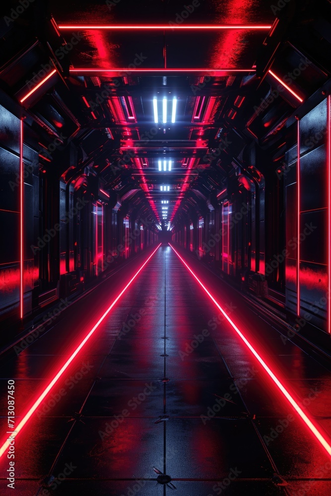 Aufkleber A dark tunnel illuminated by eerie red neon lights. Perfect for creating a mysterious and dramatic atmosphere. Ideal for use in horror-themed projects or to depict a futuristic and dystopian setting
