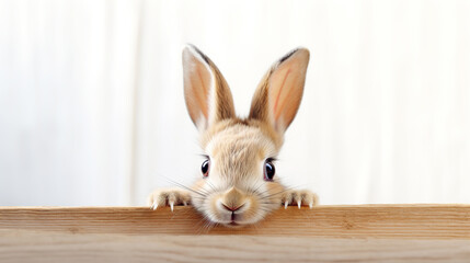 Easter bunny looks out of a wooden table