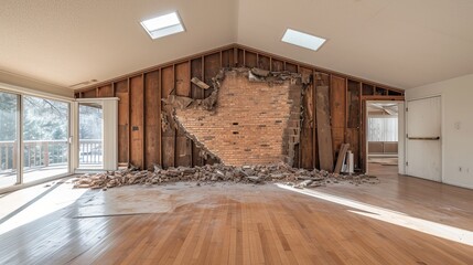 Demolishing a wall to create an open floor plan in a home renovation project - obrazy, fototapety, plakaty