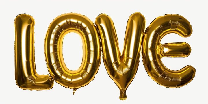 The word love is made of gold foil balloons