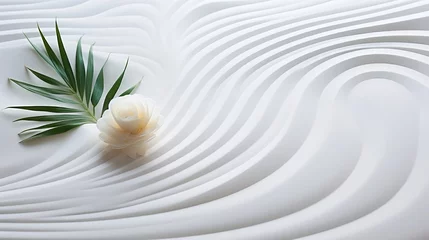 Foto op Plexiglas Minimalistic zen pattern with palm leaves on white sandspa background for relaxation and meditation. © Ilja