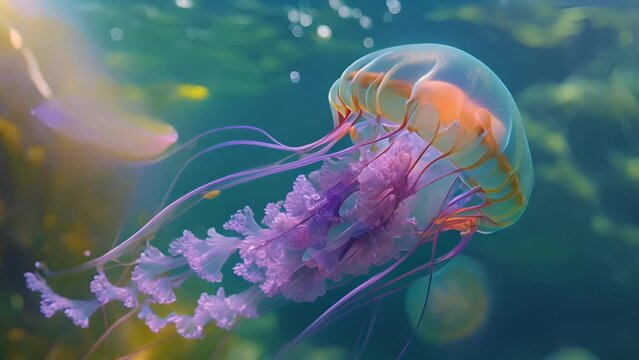 Closeup of a vibrant jellyfish its colorful body pulsating in shades of electric purple and green as it glides through the crystalclear tide pool waters