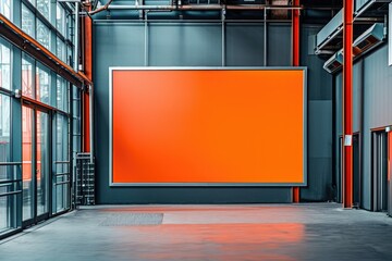 A picture of a large orange sign displayed in a building with numerous windows. This image can be used to showcase signage or advertising in a commercial or office setting