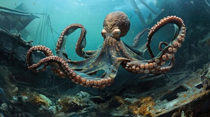 Octopus in its underwater habitat, deep in the ocean in a wrecked ship