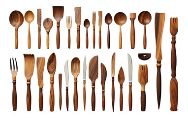 Featuring Hand-carved Walnut Wood Utensils on Art Scale on White or PNG Transparent Background.