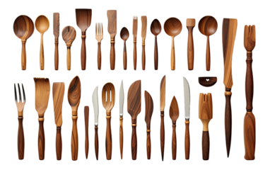 Featuring Hand-carved Walnut Wood Utensils on Art Scale on White or PNG Transparent Background.