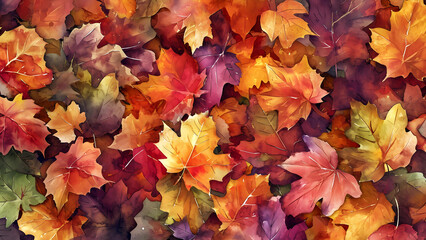 Naklejka na ściany i meble Leaves fall on ground, background, watercolor style