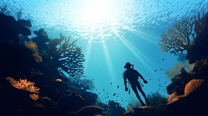 Poster Silhouette of scuba diver exploring coral reef © Mishi