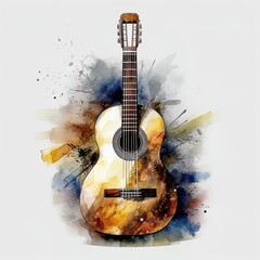 Watercolor guitar isolated on white, musical instrument collection watercolor painting, musical instrument clipart, printable musical instrument sticker, children's book illustration