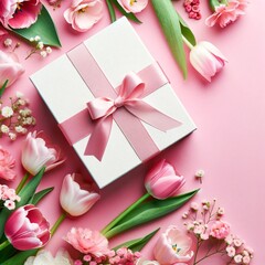 Elegant Gift Surrounded by Spring Tulips, AI generated